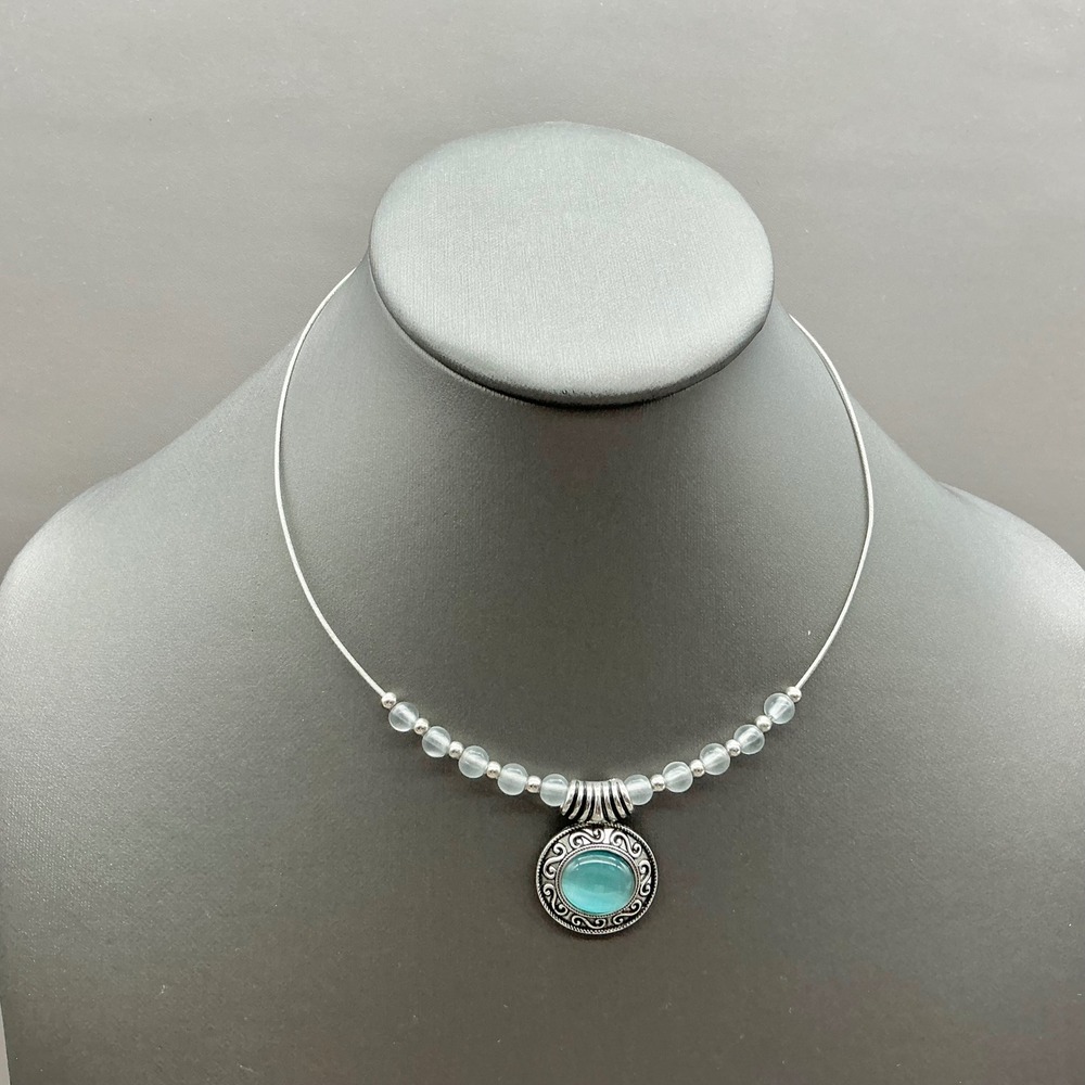 Lia Sophia Necklace Women Silver Tone Blue Faux Moonstone Beaded Pendant Collar